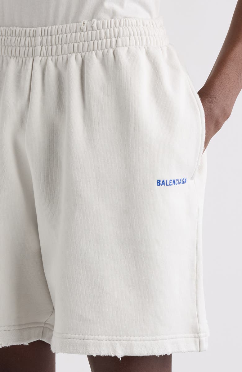 Balenciaga Distressed Logo Embroidered Sweat Shorts, Alternate, color, 8016 Dirty Wht/ Sport Blue