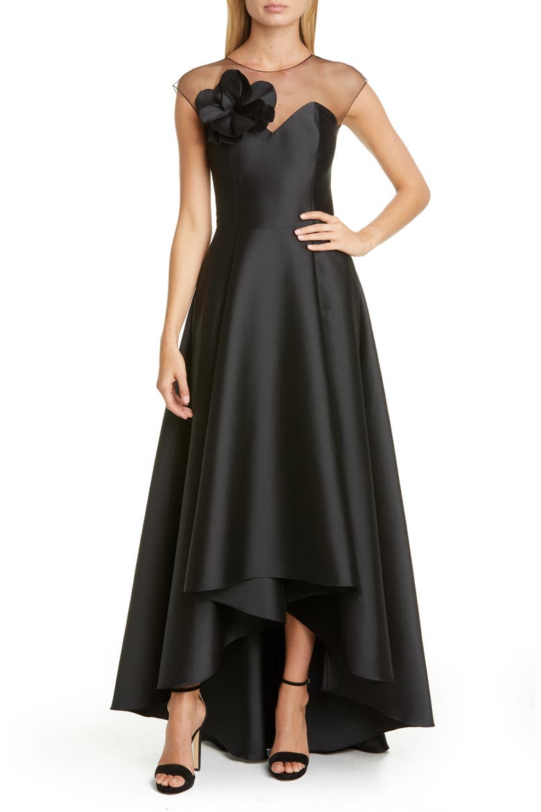 Roux Floral Appliqué High/Low Gown, Main, color, JET