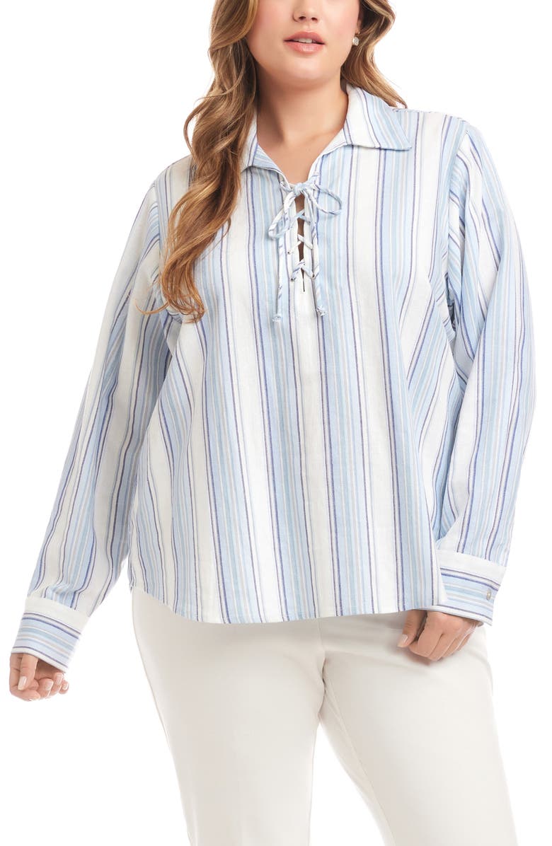 Karen Kane Stripe Linen Blend Lace-Up Popover Shirt, Main, color, Stripe