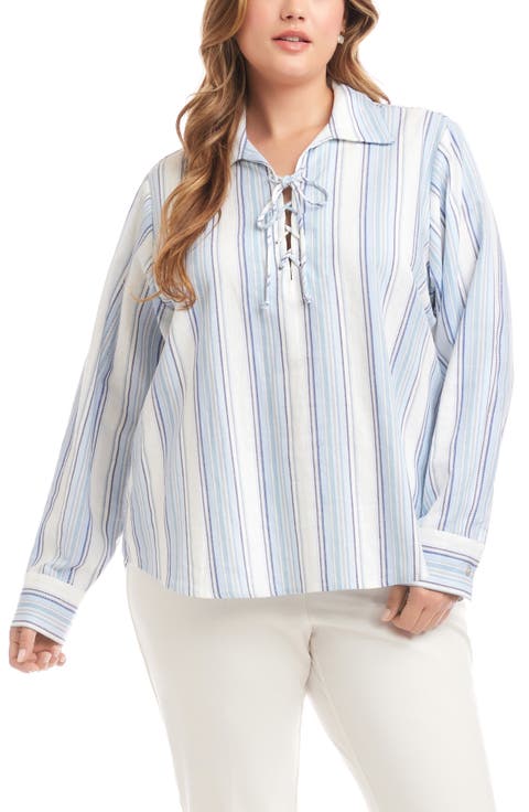 Stripe Linen Blend Lace-Up Popover Shirt (Plus)