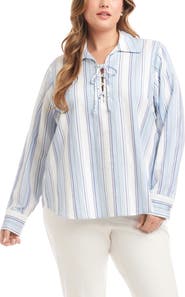 Karen Kane Stripe Linen Blend Lace-Up Popover Shirt