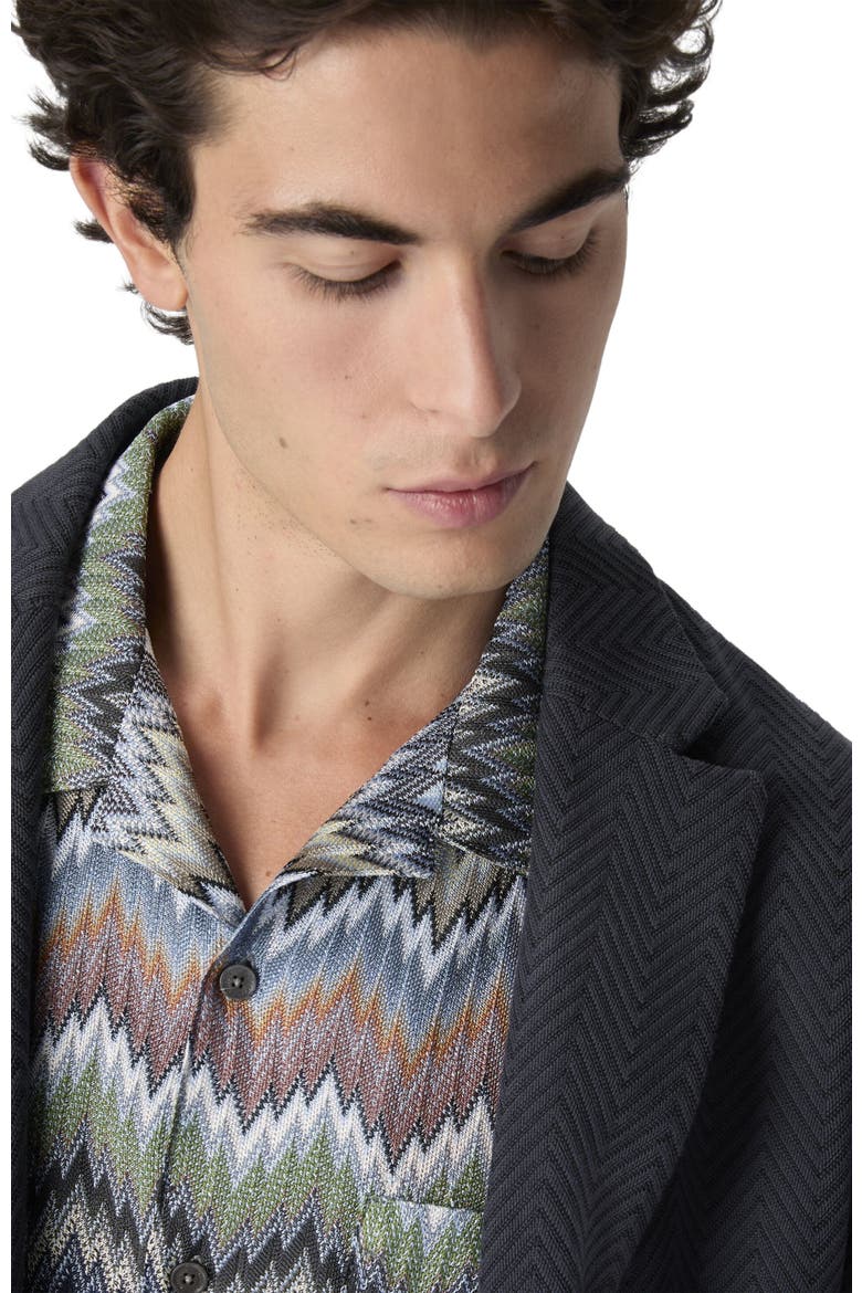 Single-breasted Blazer In Cotton And Viscose With Tone-on-tone Zigzag Pattern, Alternate, color, Blue