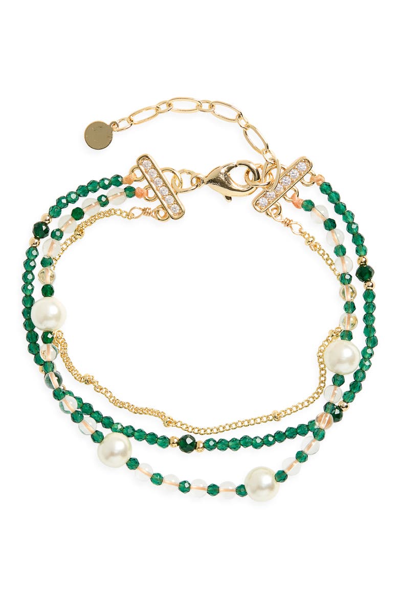Two-Strand Beaded Faux Pearl Bracelet, Main, color, GREEN