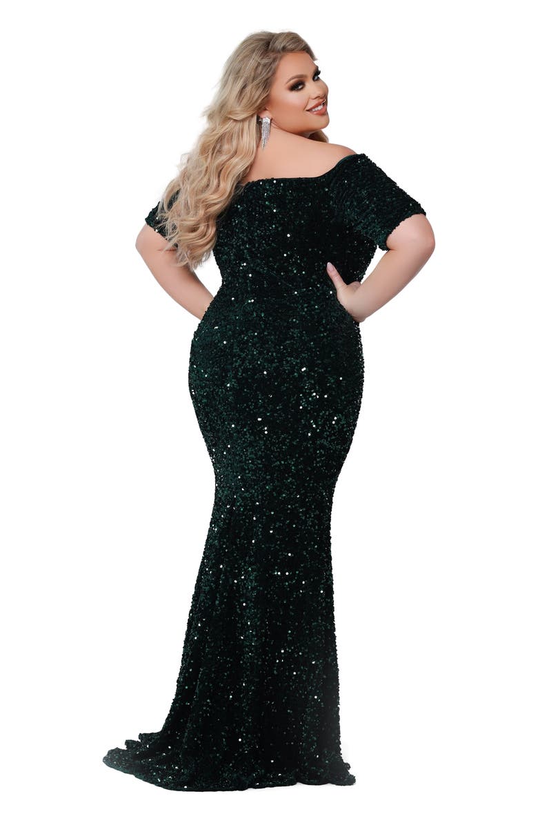 Johnathan Kayne for Sydney's Closet Velvet Sequin Short Sleeve Plus Size Evening Gown, Main, color, Onyx