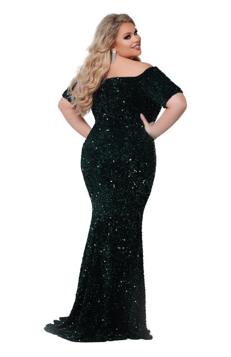 Velvet Sequin Short Sleeve Plus Size Evening Gown