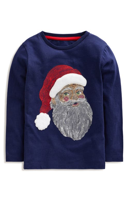 Mini Boden Kids' Superstitch Santa Cotton T-Shirt with Faux Fur Appliqué in College Navy 