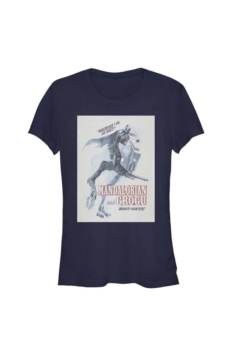 Star Wars: The Mandalorian and Grogu Junior's Star Wars The Mandalorian and Grogu Wherever I Go He Goes Bounty Hunters  Graphic T-Shirt, Main, color, Navy Blue