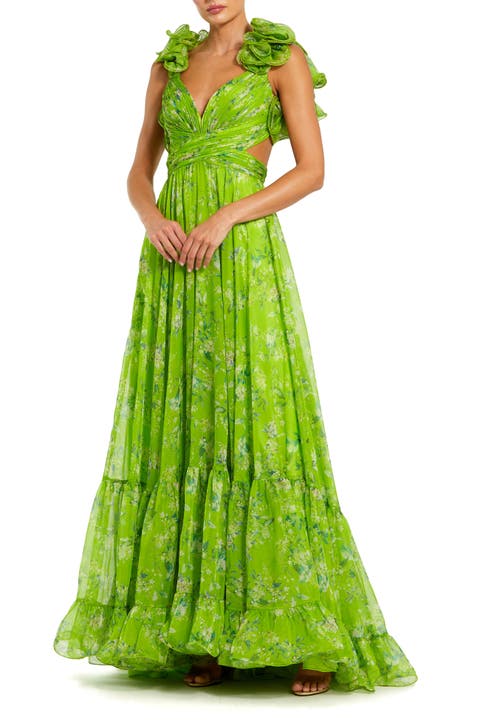 Tiered Floral Cut-Out Chiffon Gown