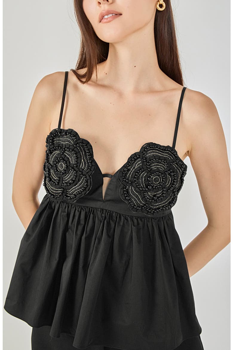 Floral Appliqu Babydoll Top, Alternate, color, BLACK