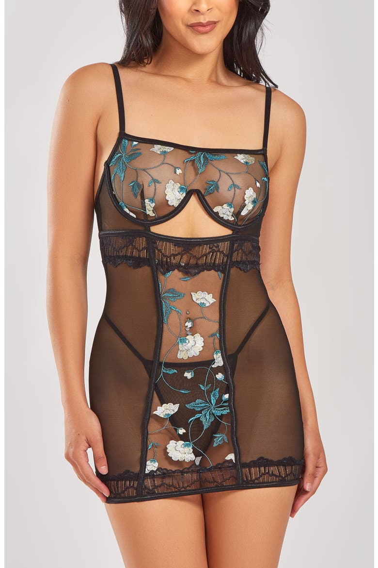 Embroidered Mesh Peekaboo Chemise Set, Main, color, Teal-Black
