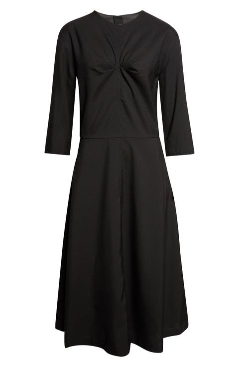 Pleat Bodice Wool Midi Dress