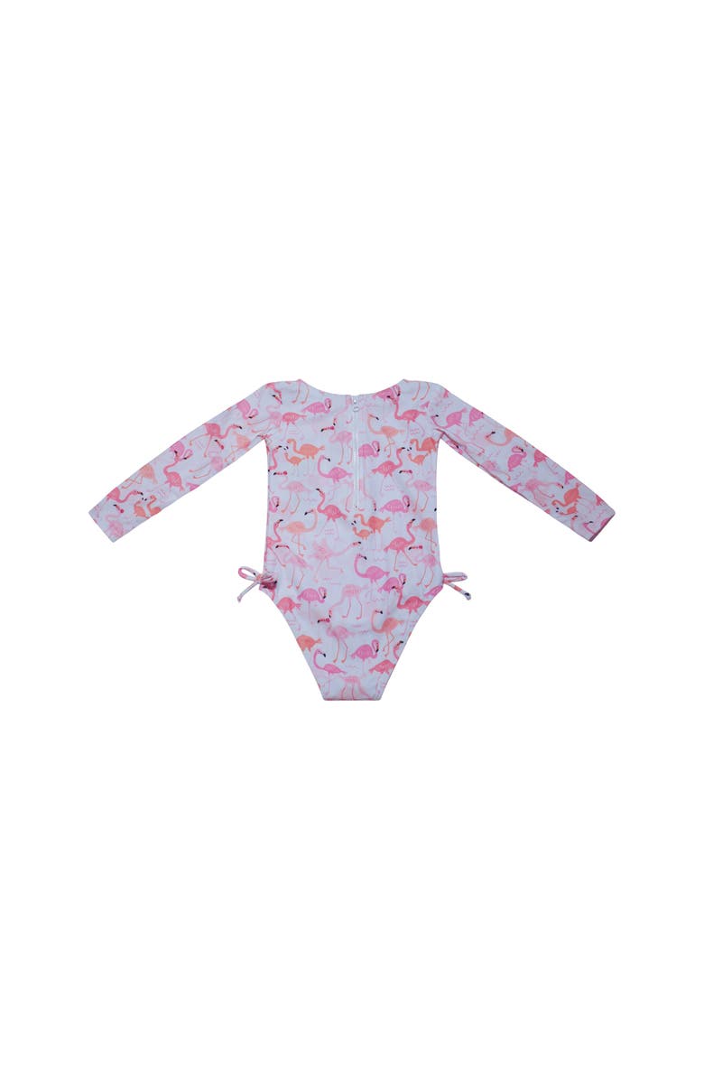 Flap Happy Girl's UPF 50+ Charlie Long SleeveRash Guard Swimsuit, Alternate, color, Flamingo Love