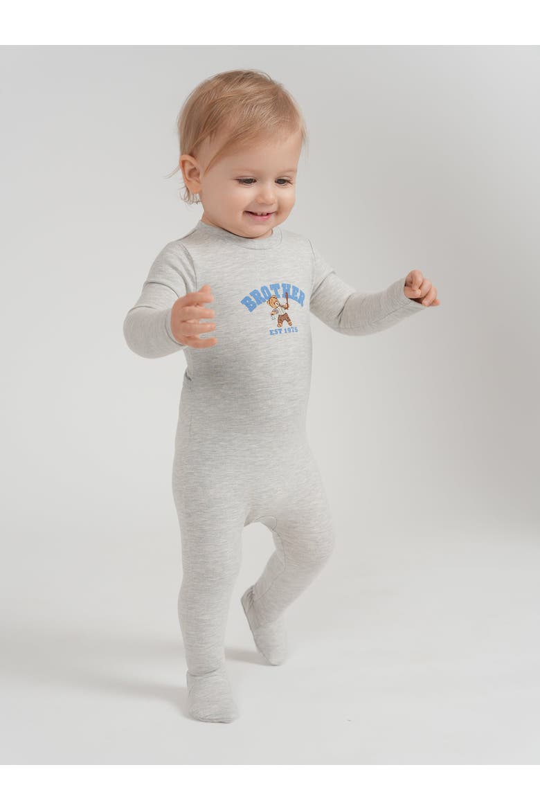 Cotton Spandex Bro Bear Embroidery Footed Romper, Alternate, color, Light Grey Mix/Navy