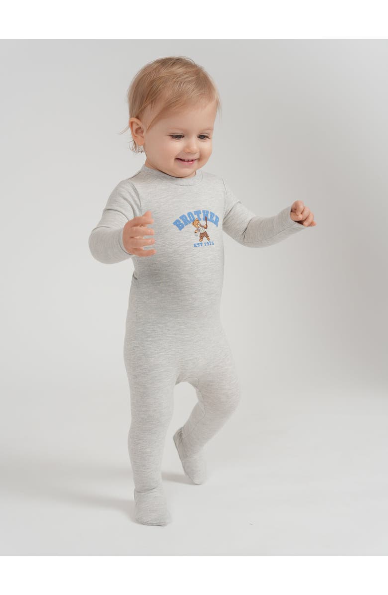 Whipped Cocoa Cotton Spandex Bro Bear Embroidery Footed Romper, Alternate, color, Light Grey Mix/Navy