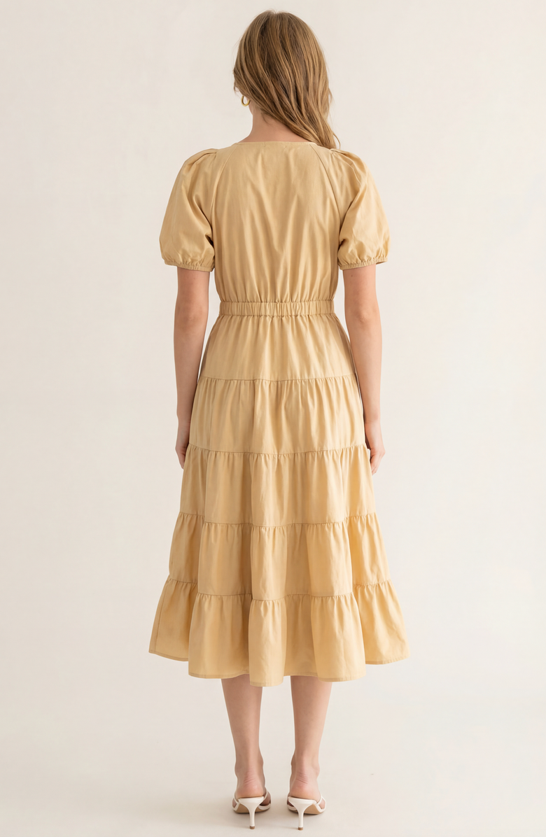Modenaire Tiered Puff Sleeve Tie Waist Midi Dress, Alternate, color, Sand