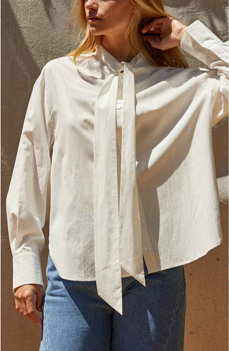 CRESCENT Neck Tie Button Up Blouse, Alternate, color,
