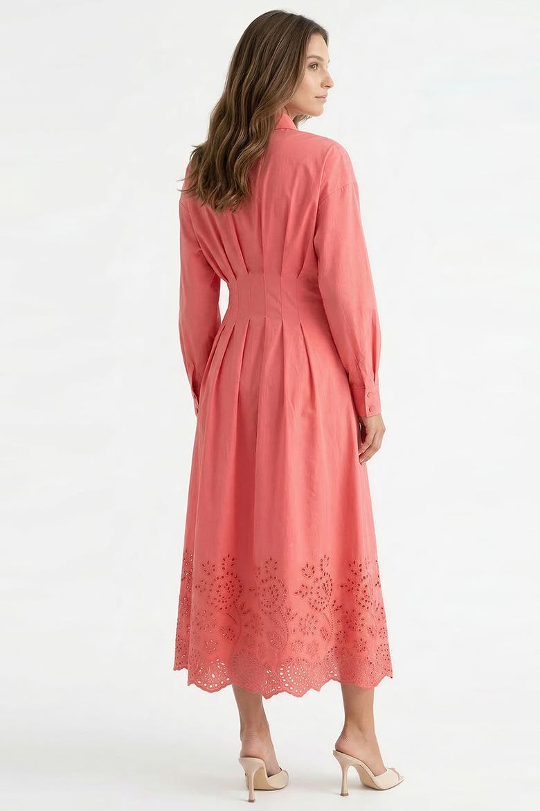 Faun Shirt Collar Long Sleeve Embroidered Midi Dress, Alternate, color, Pink