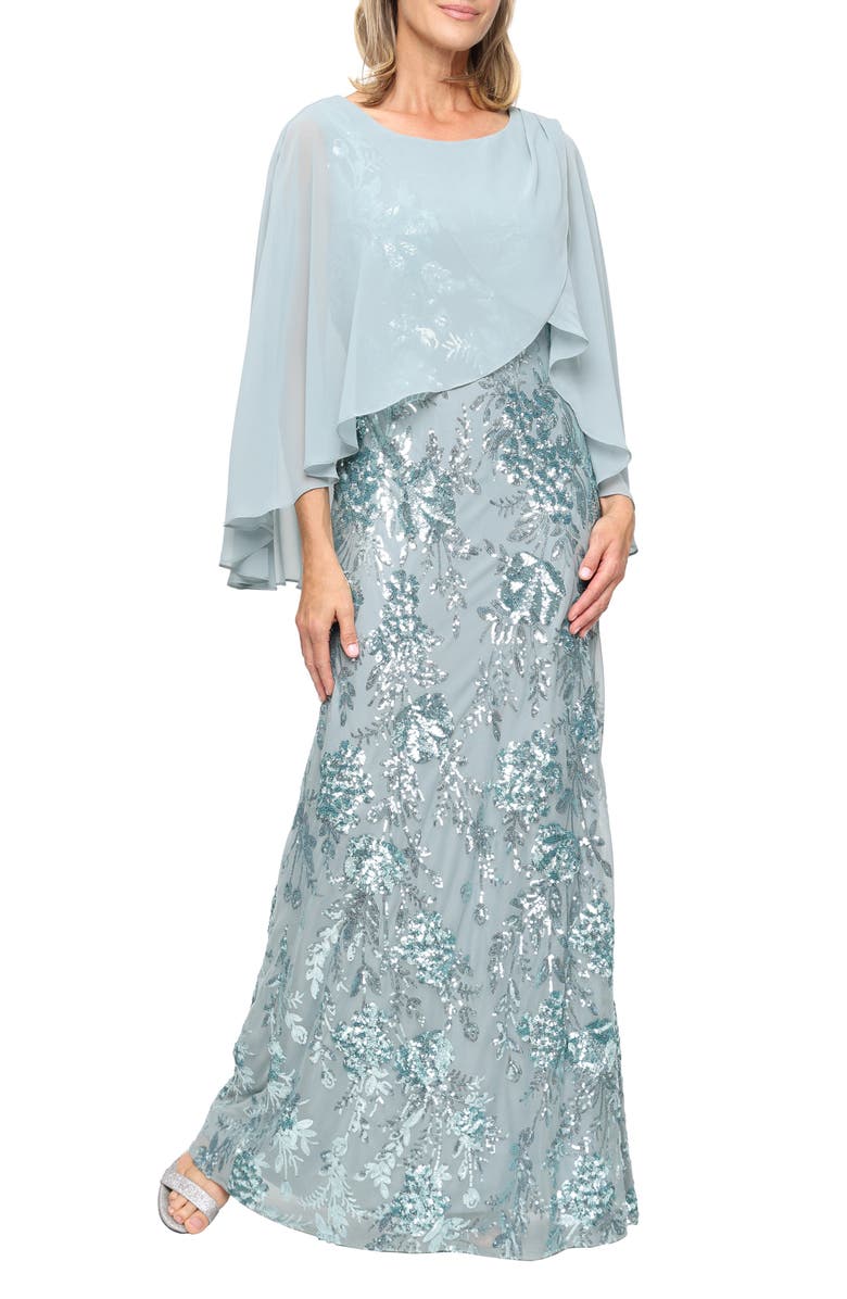SL FASHIONS Sequin Floral Gown with Cape Overlay, Main, color, Sage