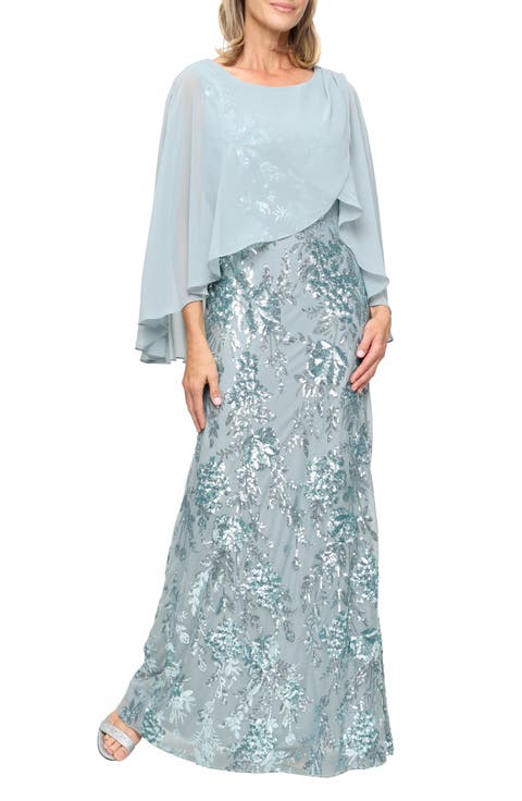 Sequin Floral Gown with Cape Overlay