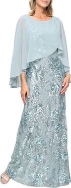 SL FASHIONS Sequin Floral Gown with Cape Overlay