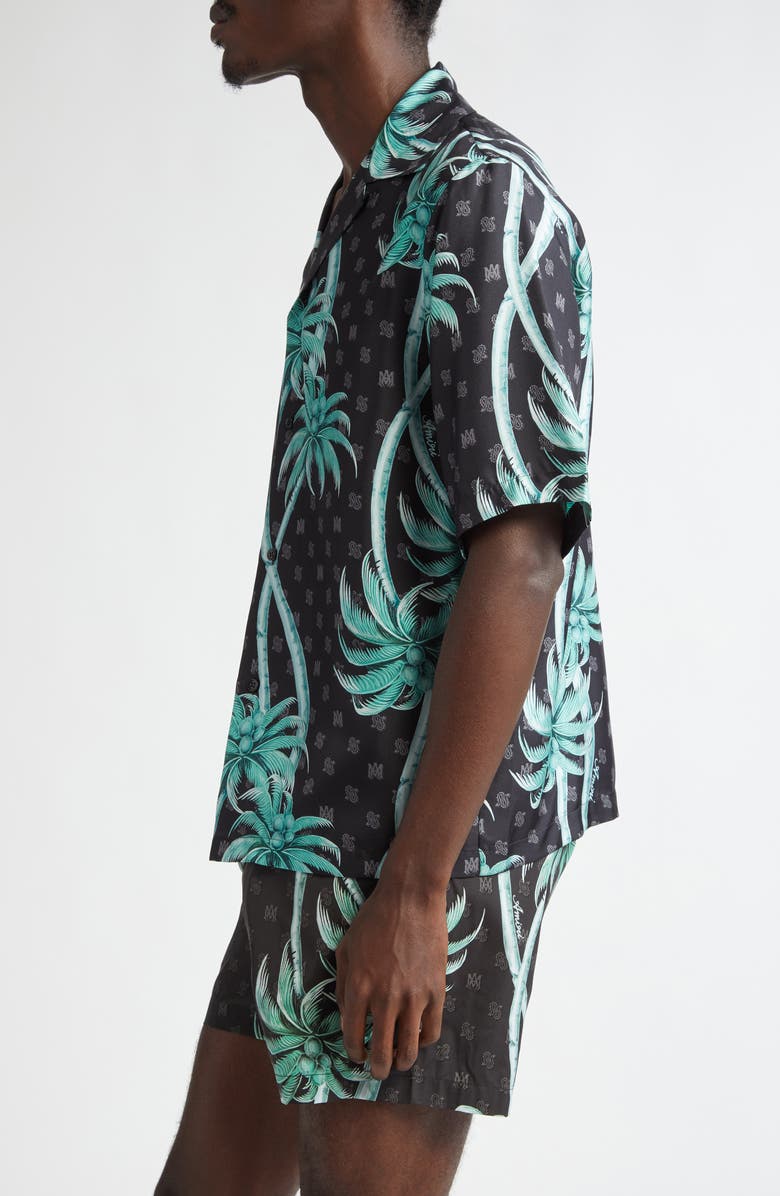 AMIRI Palm Logo Silk Camp Shirt, Alternate, color, Black