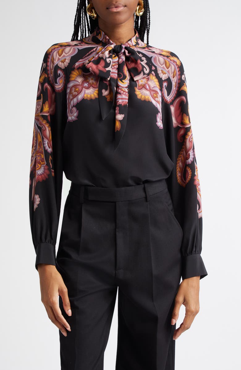 Etro Paisley Print Silk Crêpe de Chine Top, Main, color, Printed Black Base