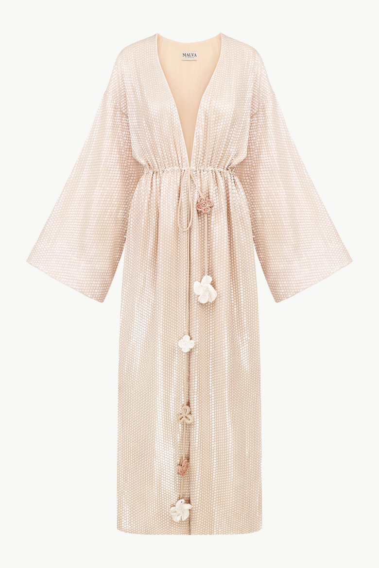Sequin Cape With Floral Tassel Tie Waist, Main, color, Beige
