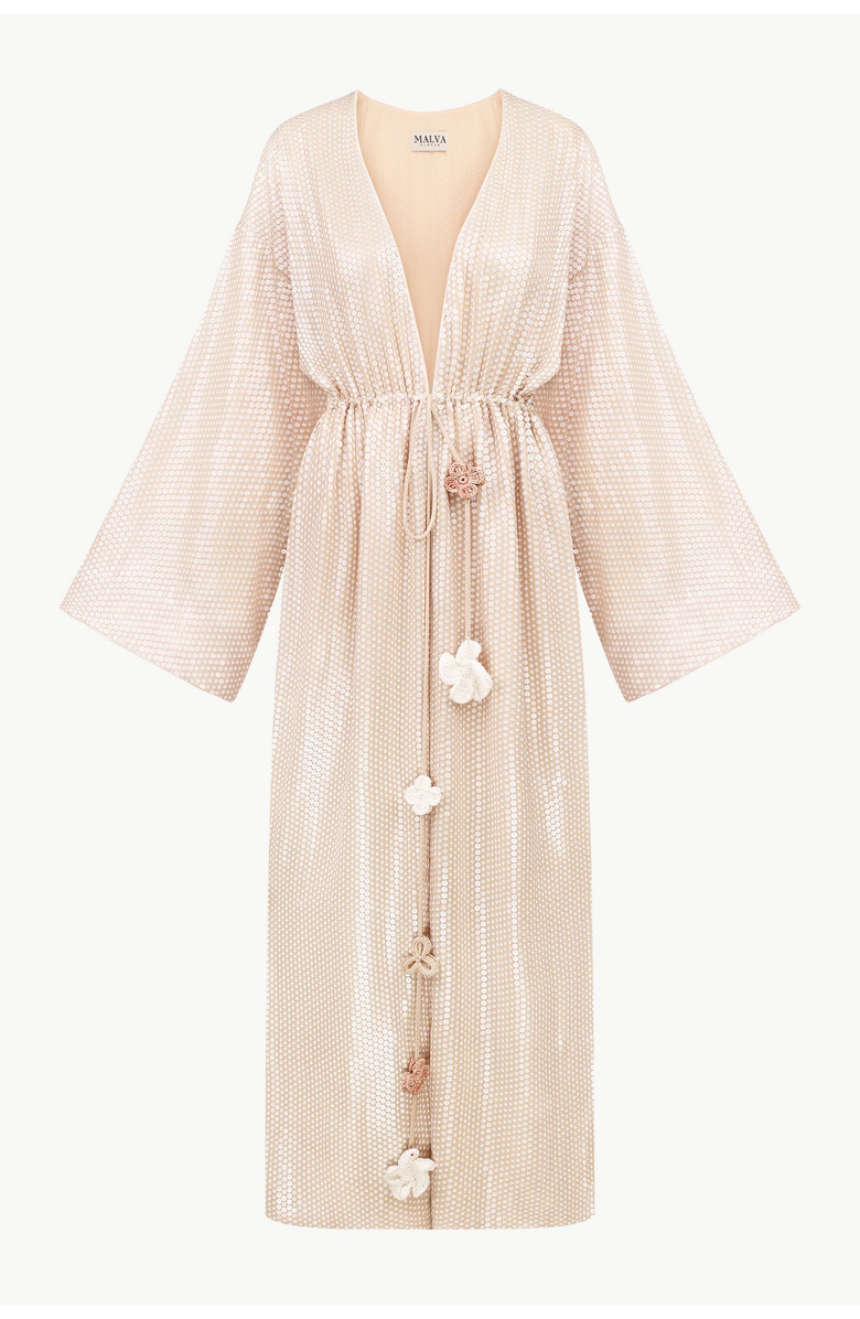 Malva Florea Sequin Cape With Floral Tassel Tie Waist, Main, color, Beige