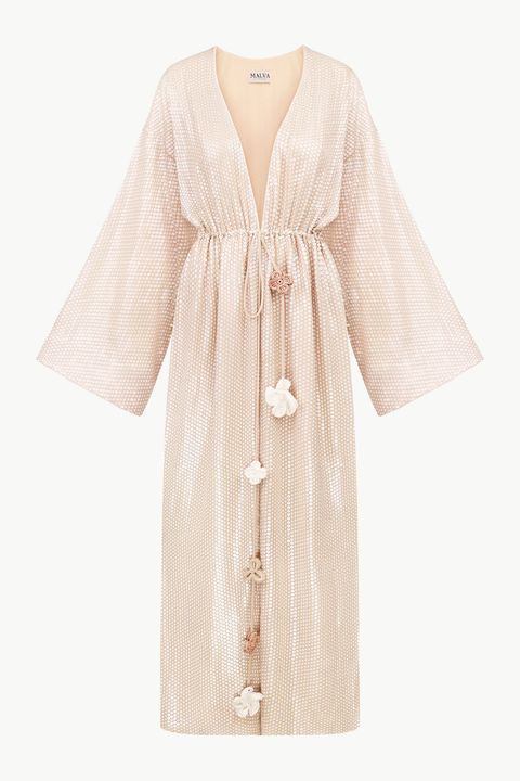 Sequin Cape With Floral Tassel Tie Waist