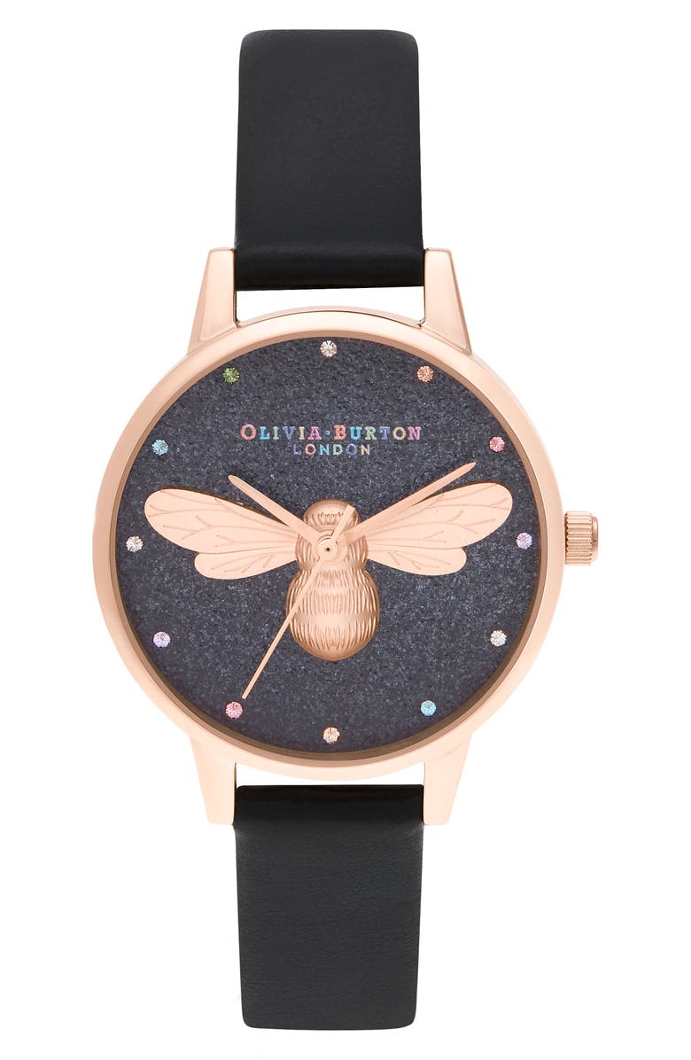 Olivia Burton Lucky Bee Black Glitter Dial Watch, 30mm, Main, color, Black