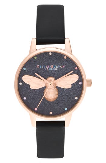 Olivia Burton Lucky Bee Black Glitter Dial Watch, 30mm In Black