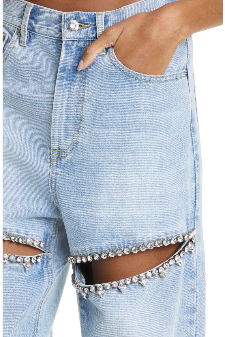 Crystal Slit Cotton Denim Straight Leg Jeans, Alternate, color, LIGHT BLUE