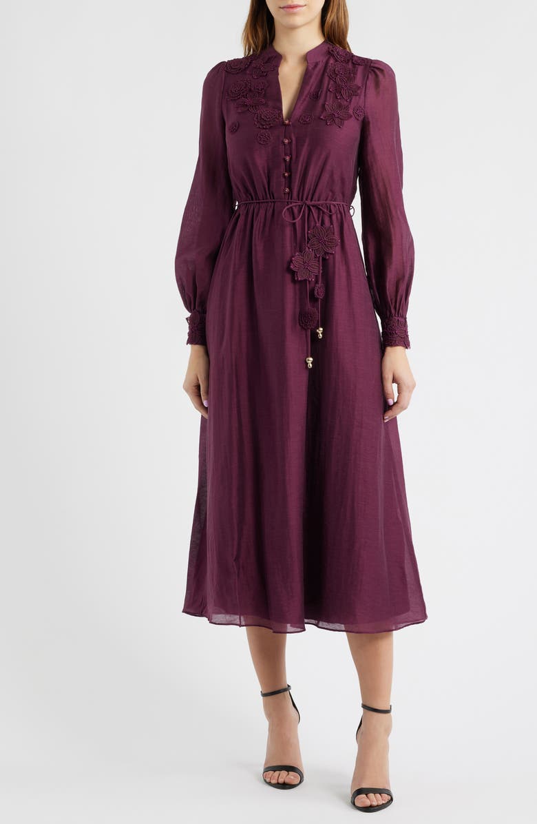 Ever New Yasmin Floral Appliqué Long Sleeve Midi Dress, Main, color, Berry