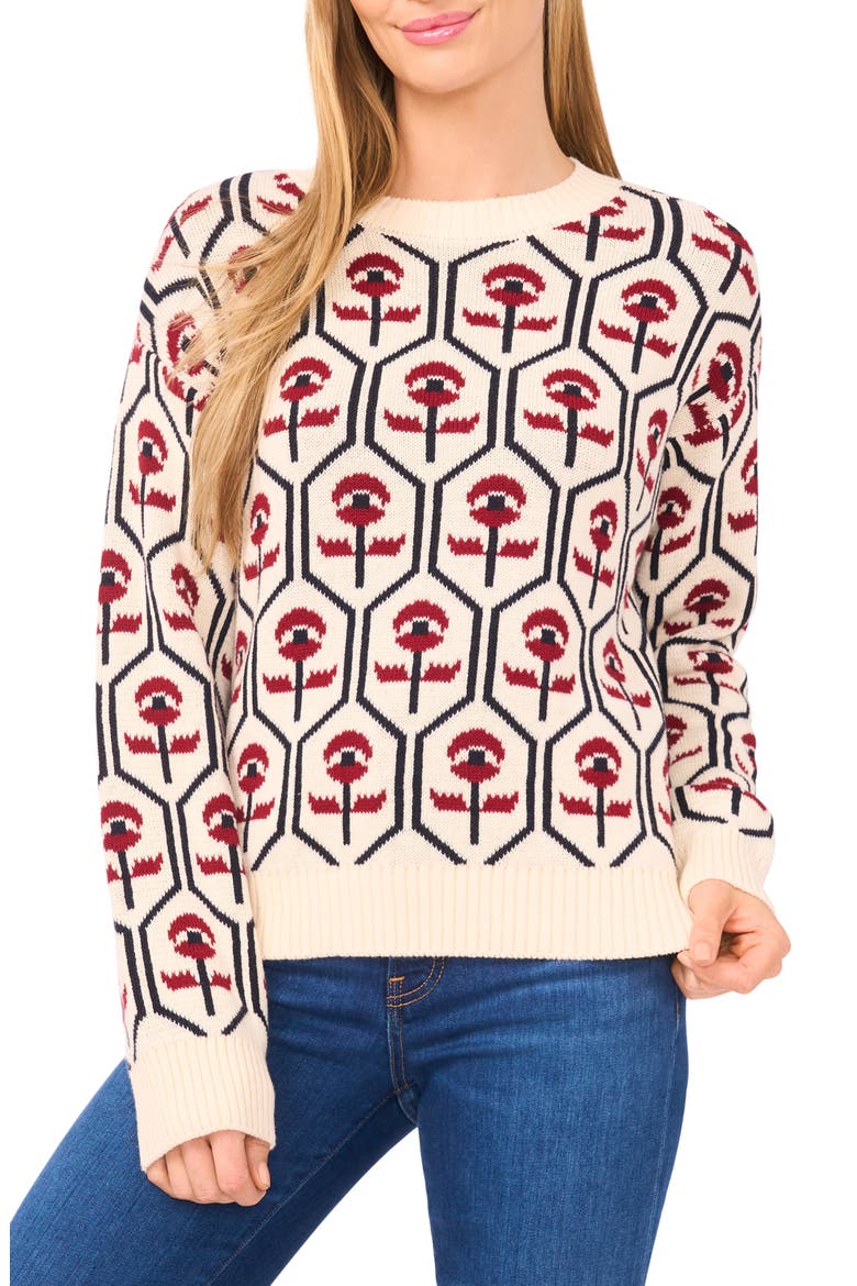 Floral Jacquard Mock Neck Sweater, Main, color, BUTTERCREAM