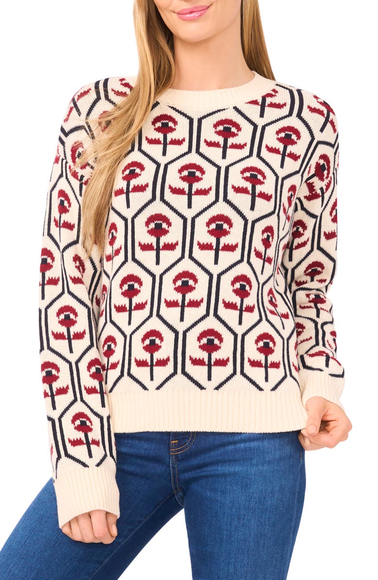 CeCe Floral Jacquard Mock Neck Sweater, Main, color, Buttercream