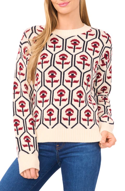 Floral Jacquard Mock Neck Sweater