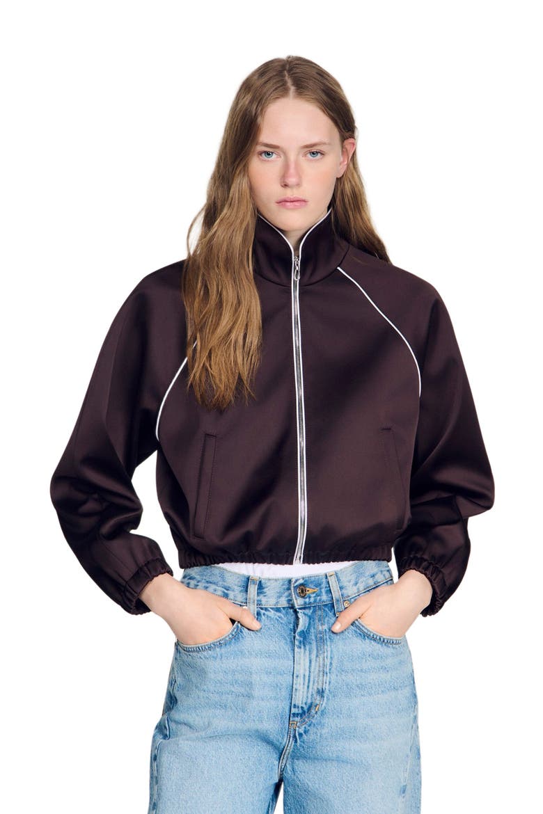 Cropped embroidered satin jacket, Alternate, color, Brown
