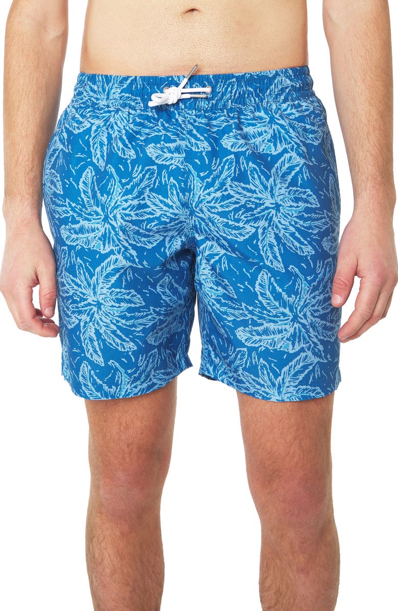 Slate & Stone Cabo Swim Trunks, Main, color, Navy Palm Tree