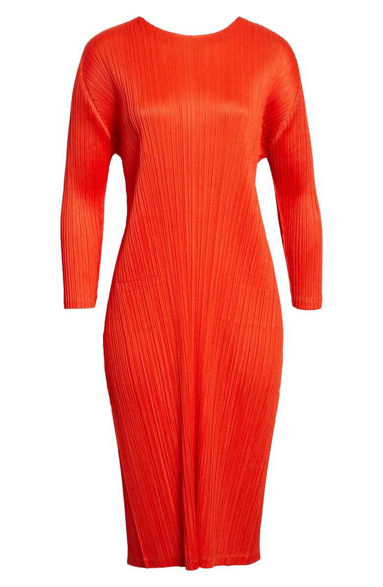 Pleats Please Issey Miyake Monthly Colors February Pleated Long Sleeve Midi Dress, Main, color, Red