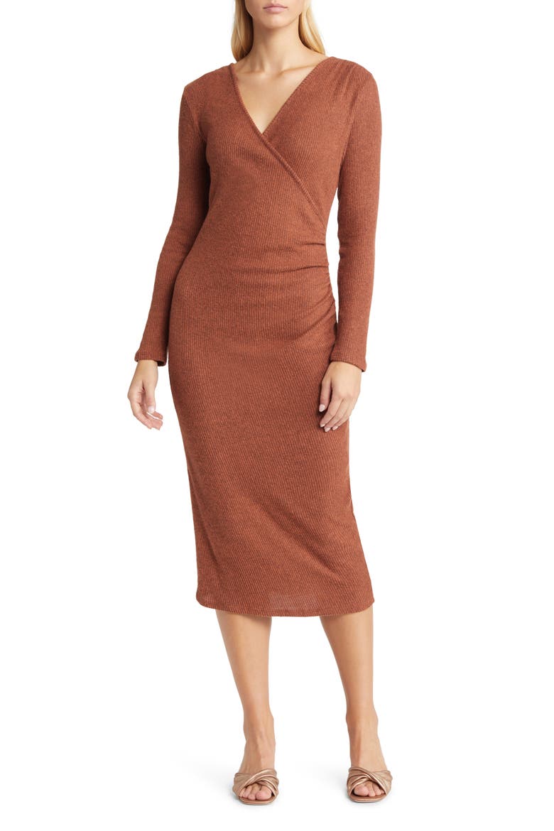 Long Sleeve Faux Wrap Midi Dress, Main, color, RUST