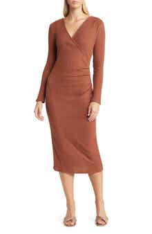 Loveappella Long Sleeve Faux Wrap Midi Dress
