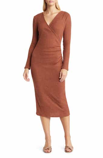 Loveappella Long Sleeve Faux Wrap Midi Dress