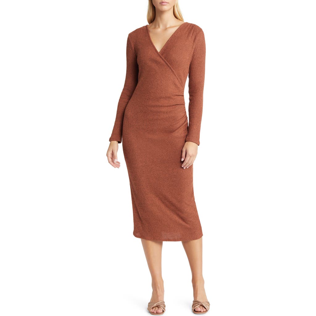 Loveappella Long Sleeve Faux Wrap Midi Dress In Brown