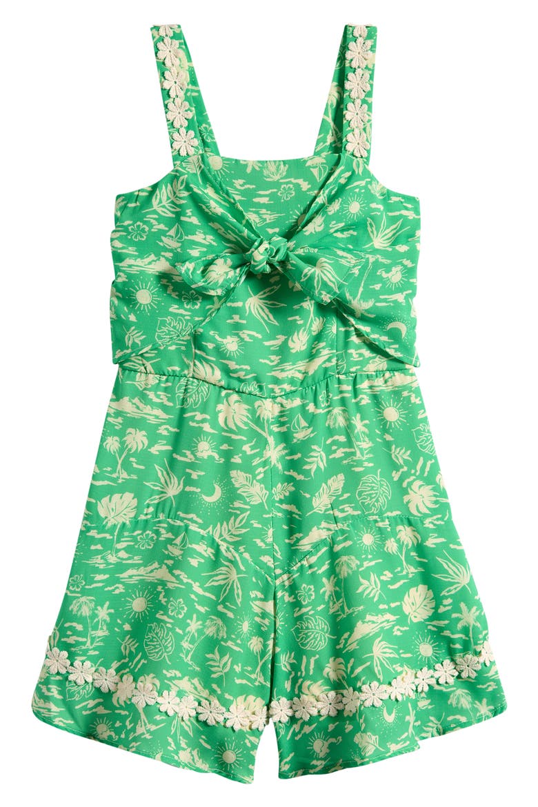 Kids' Knot Front Ruffle Romper, Main, color, GREEN
