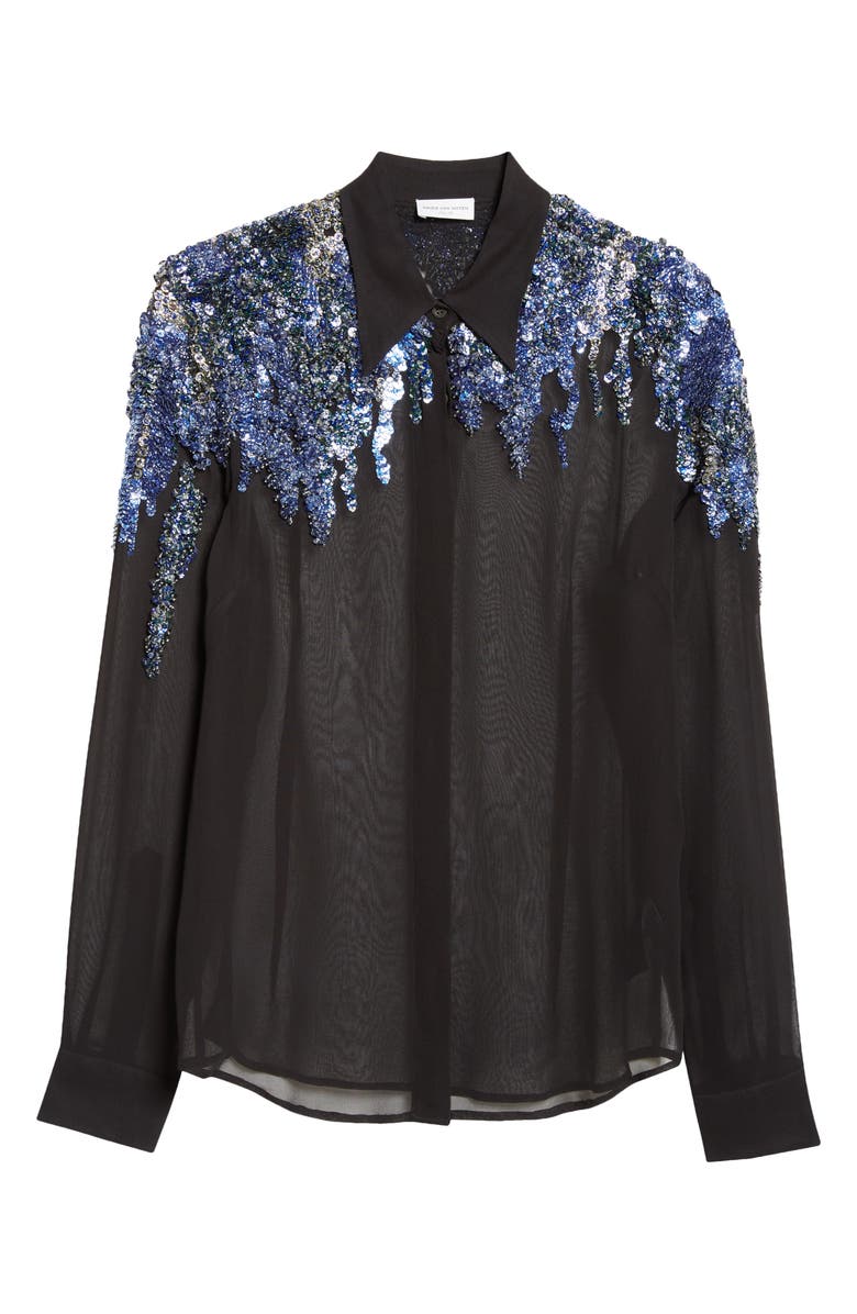 Dries Van Noten Chowy Sequin Embellished Sheer Chiffon Button-Up Shirt, Alternate, color, Black