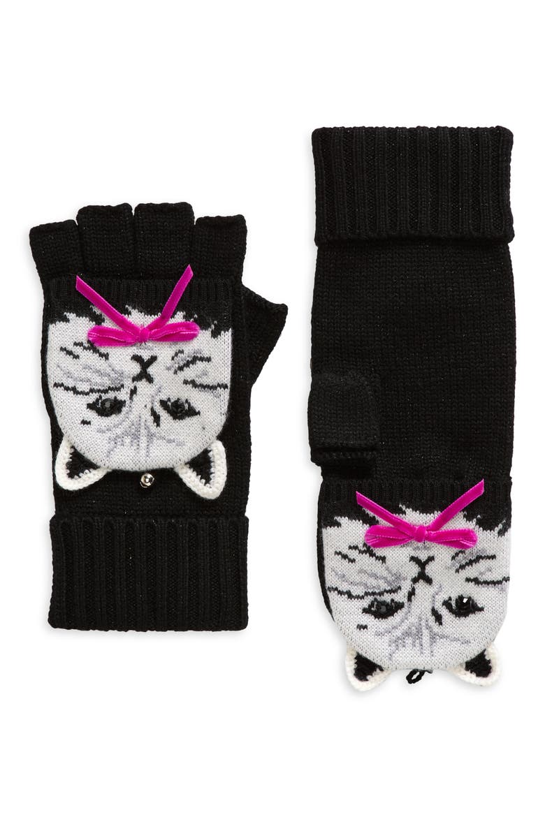 pretty kitty pop top wool blend mittens, Main, color, BLACK