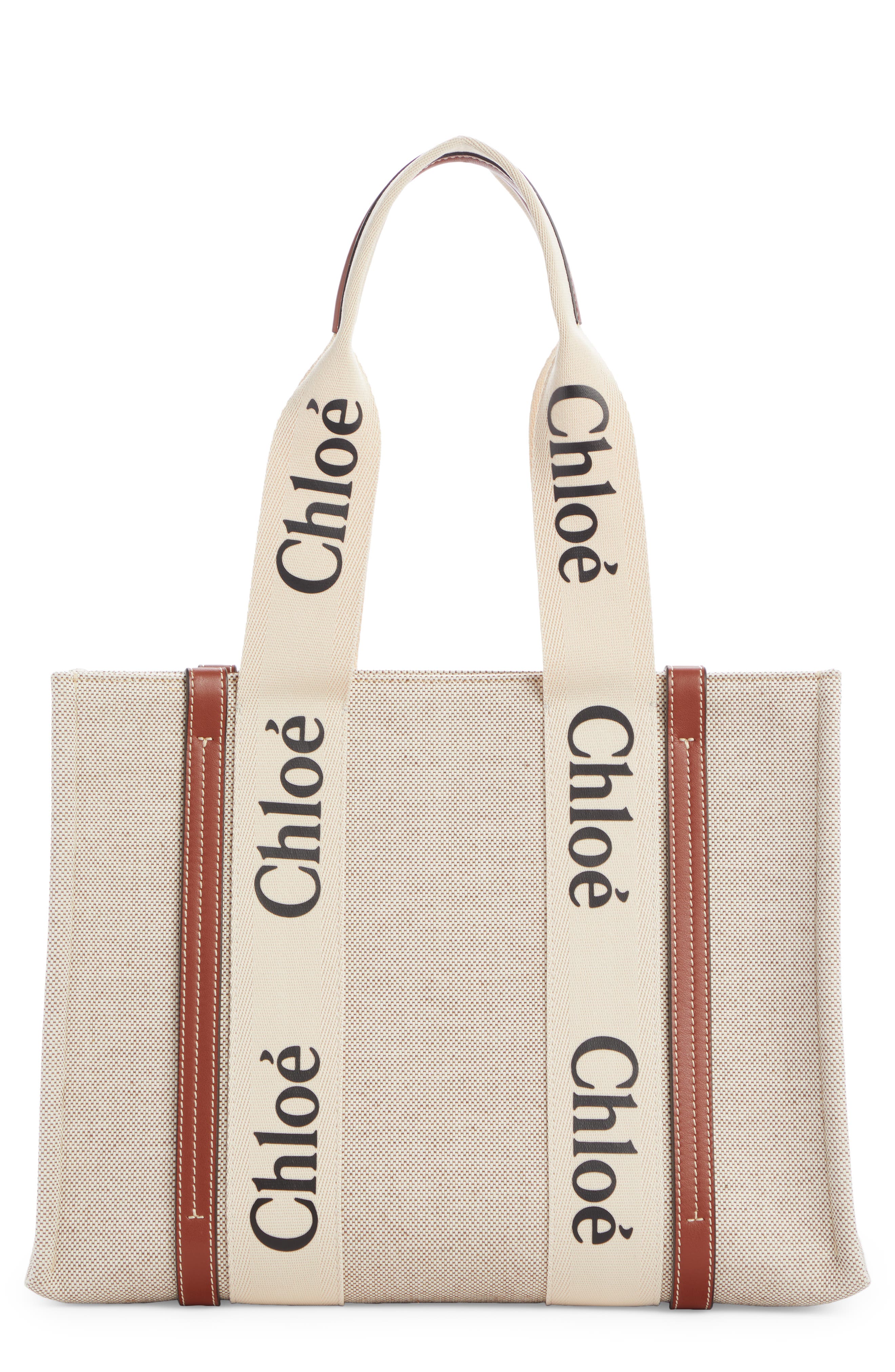 Medium Woody Logo Strap Canvas Tote, Main, color, WHITE - BROWN 1