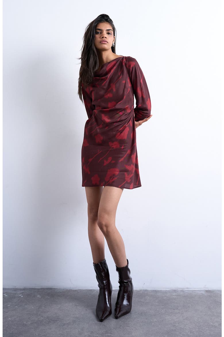 Drape Neck Long Sleeve Minidress, Main, color, BURGUNDY