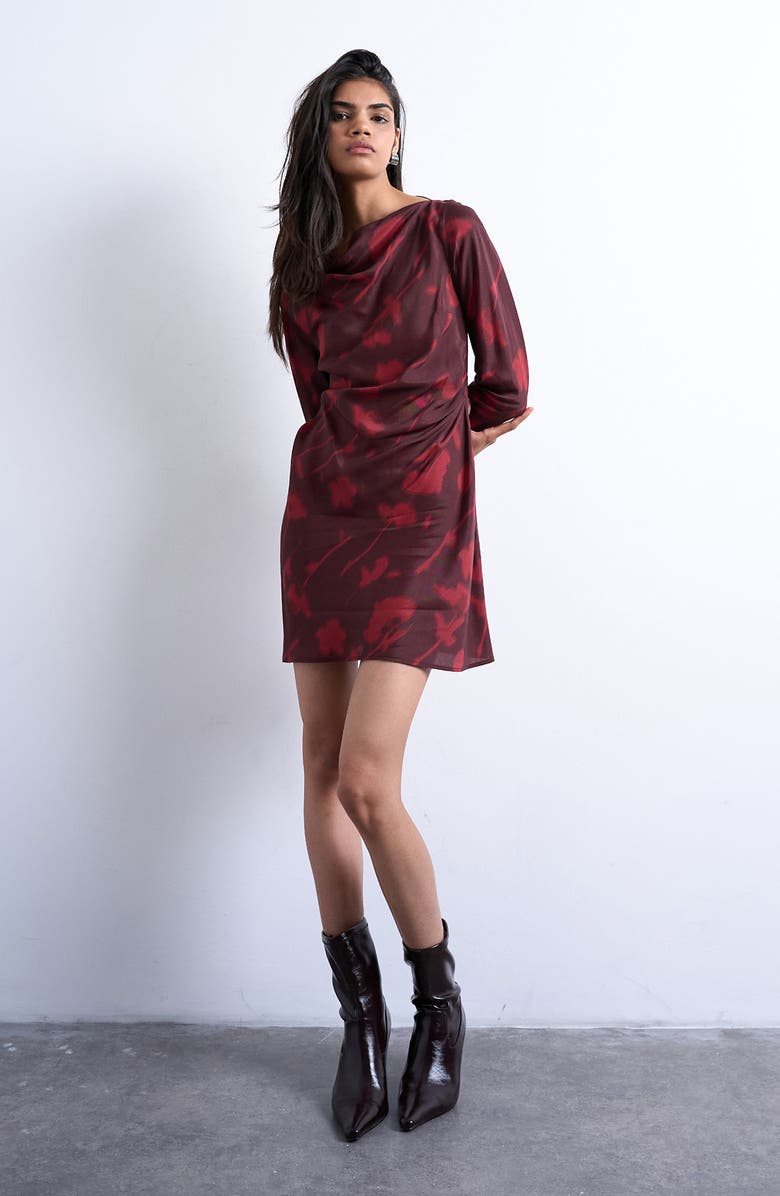Topshop Drape Neck Long Sleeve Minidress, Main, color, Burgundy