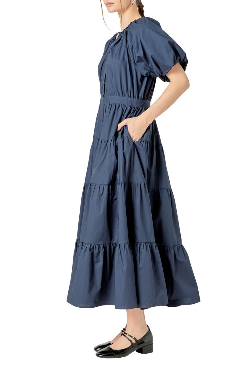 English Factory Puff Sleeve Tiered Maxi Dress, Alternate, color, Navy